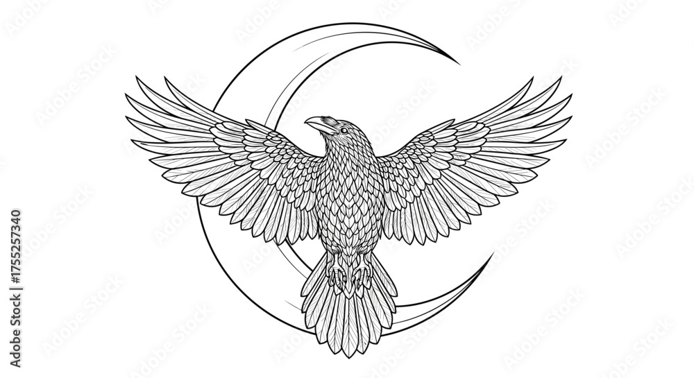 Fototapeta premium Vector art of a majestic raven soars against the backdrop of a crescent moon