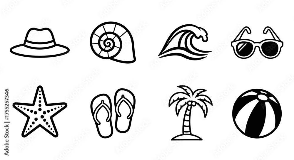 Fototapeta premium Vector art of black and white line art of summer themed objects, beach vacation