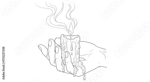 Vector art of a hand holds a melting candle, its flame flickering in the darkness