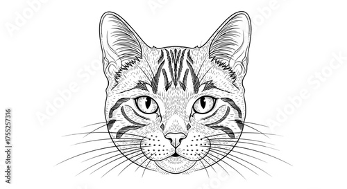 Vector art of a detailed portrait of a tabby cats face with striking stripes