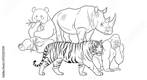 Vector art of endangered animal coloring page featuring various species