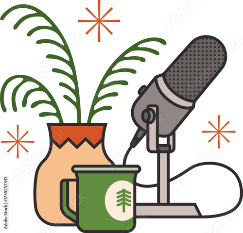 Illustration of a Vintage Microphone Beside a Coffee Mug and Vase in Warm Earthy Tones