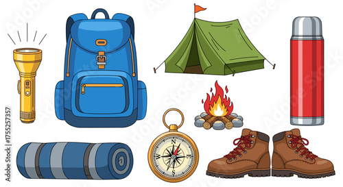 Vector art of camping essentials including a tent, backpack, campfire, and other gear
