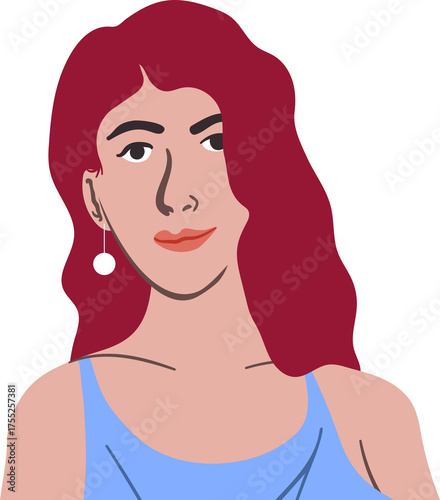 Illustration Of A Woman With Long Wavy Burgundy Hair And A Blue Tank Top Wearing A Pearl Earring Against A White Background