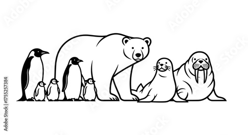 Vector art of a group of arctic animals, including penguins, a polar bear, a seal, and a walrus