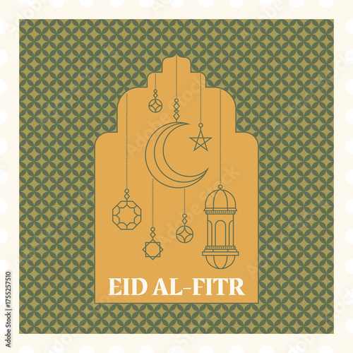 Islamic Eid Al Fitr Greeting Card With Moon Lanterns Geometric Patterns and Transparent Background
