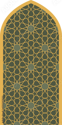 Islamic Geometric Arch Window with Intricate Patterns in Gold and Dark Green Colors