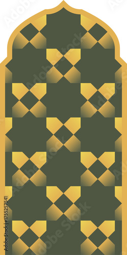 Islamic Geometric Pattern Arch Window Design In Dark Green and Gold Tones With Golden Border Detail