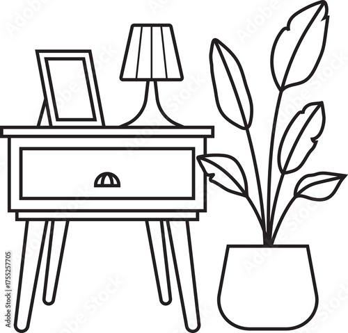 Minimalist Line Art Of A Nightstand With A Lamp And A Potted Plant Beside It On A Transparent Background