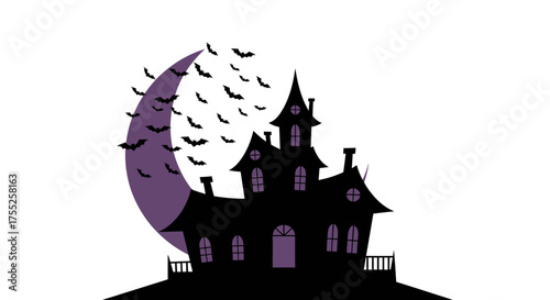 Spooky haunted house silhouette with bats flying around a crescent moon on a hill, perfect for Halloween.
