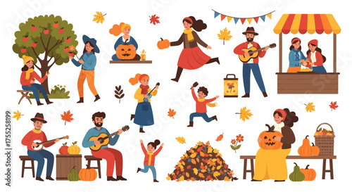 A vibrant illustration of an autumn harvest festival with people picking apples, carving pumpkins, playing music, and enjoying fall activities.