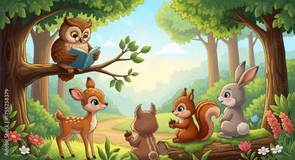 Fototapeta premium A cartoon owl reads a book aloud from a tree branch to a deer, squirrel, rabbit, and bear in a sunny forest clearing.