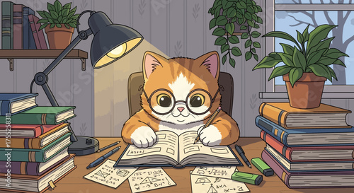 Cartoon cat wearing glasses sits at a desk, studying an open book under a lamp, surrounded by books and plants.