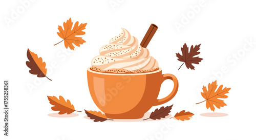 Autumn pumpkin spice latte with whipped cream and cinnamon stick, surrounded by falling orange and brown leaves on a white background.