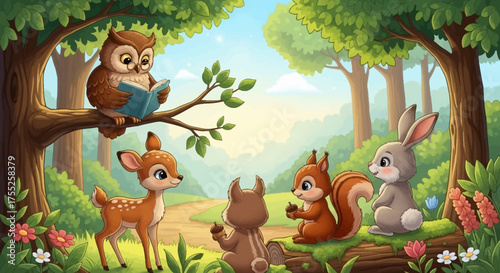 A cartoon owl reads a book aloud from a tree branch to a deer, squirrel, rabbit, and bear in a sunny forest clearing.