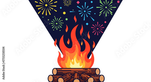 A vibrant bonfire with colorful fireworks exploding in the night sky above.