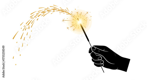 A black silhouette of a hand holding a lit sparkler emitting golden sparks against a white background.