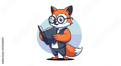 Cartoon fox wearing glasses and a suit, standing and reading an open book against a light blue circle background.