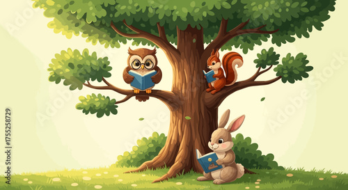 Cartoon illustration of an owl, squirrel, and rabbit reading books under a large tree in a grassy field.