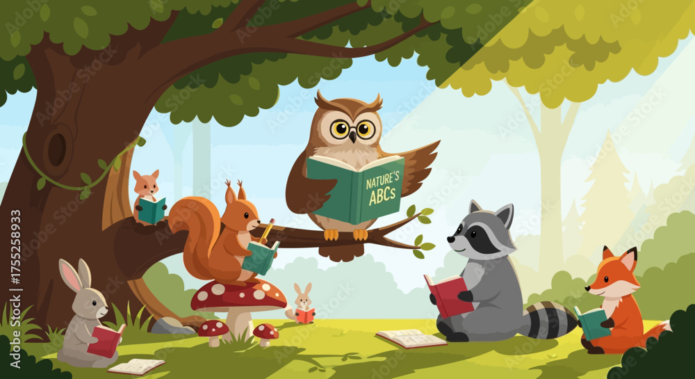 Naklejka premium An owl, squirrel, raccoon, fox, rabbit, and mouse are reading books under a large tree in a bright, sunny forest.