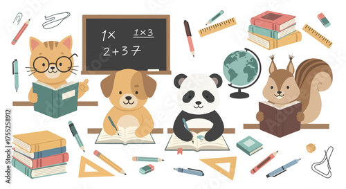 Cartoon animals, including a cat, dog, panda, and squirrel, are depicted reading and studying at desks in a classroom setting with books and school supplies.