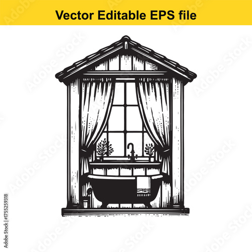 Vector art of vintage clawfoot bathtub in front of a window with curtains