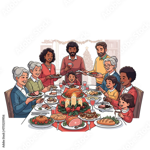 A large multi-generational family celebrates a festive holiday meal together, gathered around a beautifully decorated dining table with a roasted turkey and other dishes.
