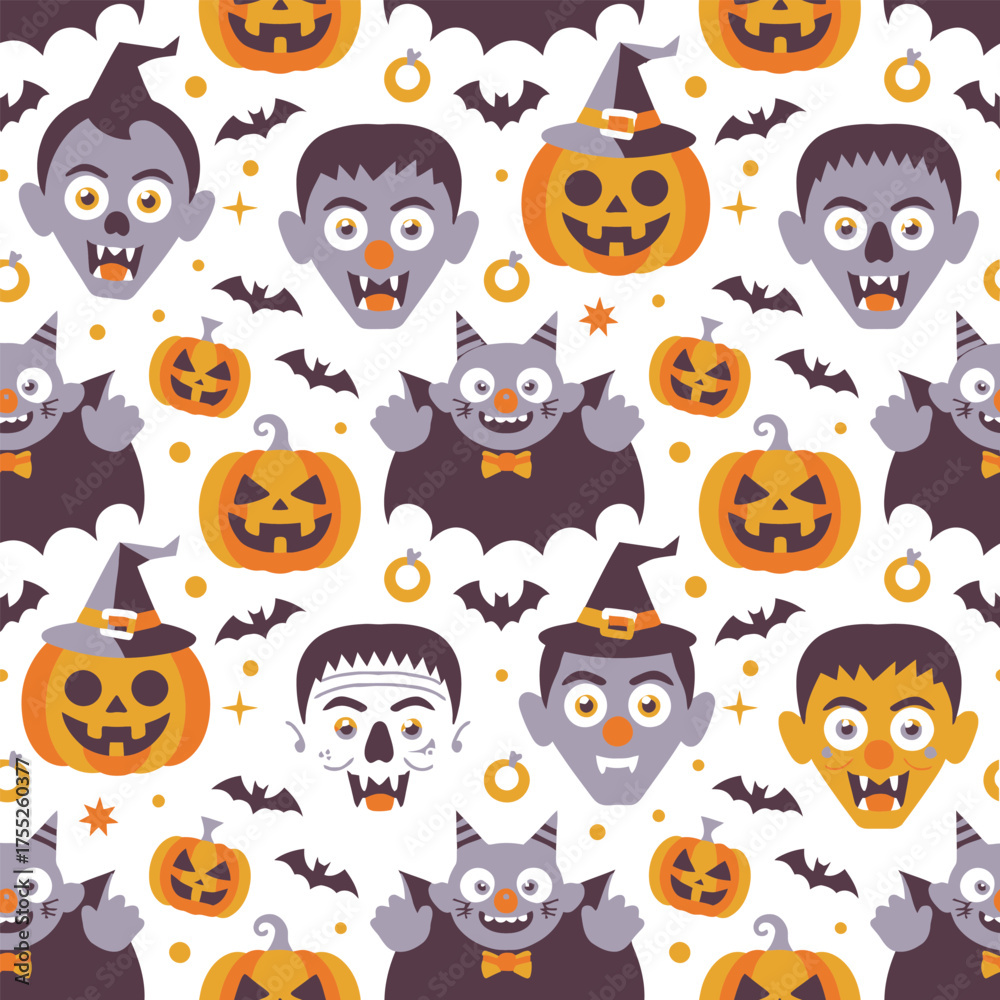 Fototapeta premium Spooky halloween pattern featuring cute monsters pumpkins bats and spiders fun holiday design