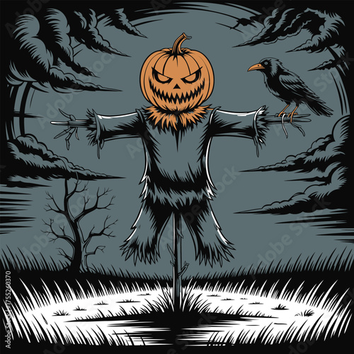 Creepy halloween jack o lantern scarecrow dark forest scene spooky autumn night