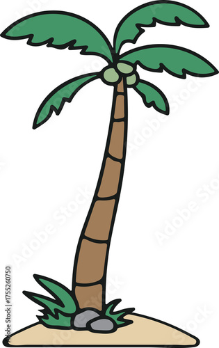 Stylized Coconut Palm Tree with Green Fronds and Brown Trunk on a Sandy Island with Gray Rocks and Green Grass Detailed Graphic Illustration