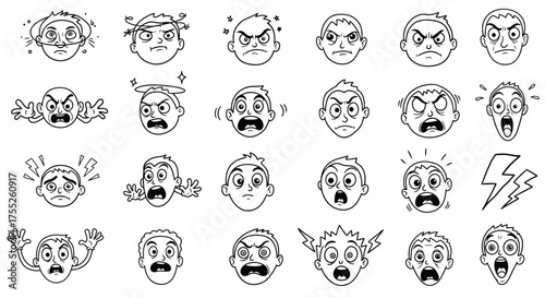 Collection of cartoon faces displaying various emotions, conveying different feelings