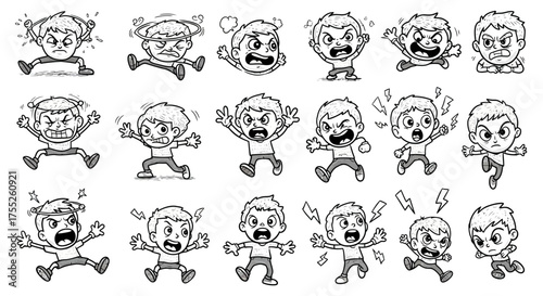 Cartoon Drawings of Angry Young Boys Expressing Frustration and Aggression