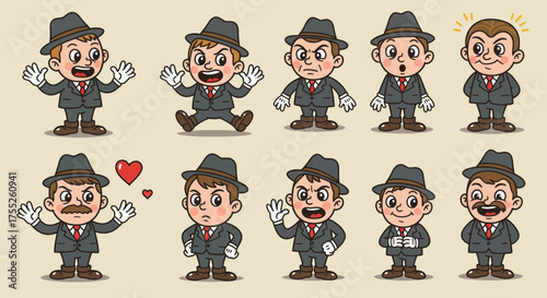 Cartoon Character in Various Emotions Wearing Suit and Hat on Beige Background