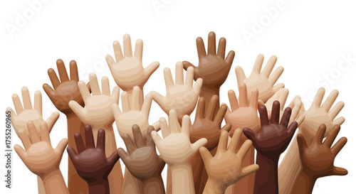 Diversity and inclusion represented by raised hands in various skin tones concept
