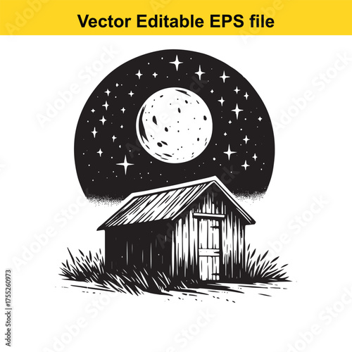 Vector art of rustic wooden shed under a starry night sky with a large full moon
