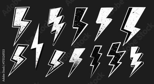 Collection of distressed lightning bolt illustrations in black and white grunge style