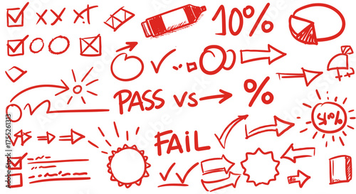 Hand-Drawn Red Doodle Elements Illustrating Pass, Fail, and Percentage Concepts