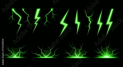 Collection of glowing green lightning bolt illustrations on a black background