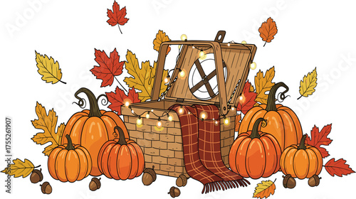 Cozy Autumn Harvest Picnic Basket Vector with Pumpkins, Maple Leaves, Plaid Blanket, and Fairy Lights.
