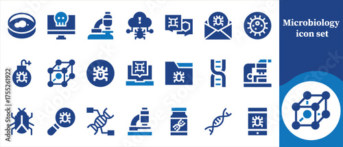 Microbiology icon set, cancer, quarantine, information, scientist, scientific, organic, industry, cell, lab, experiment, helix, human, digital, development, researcher, engineering and more