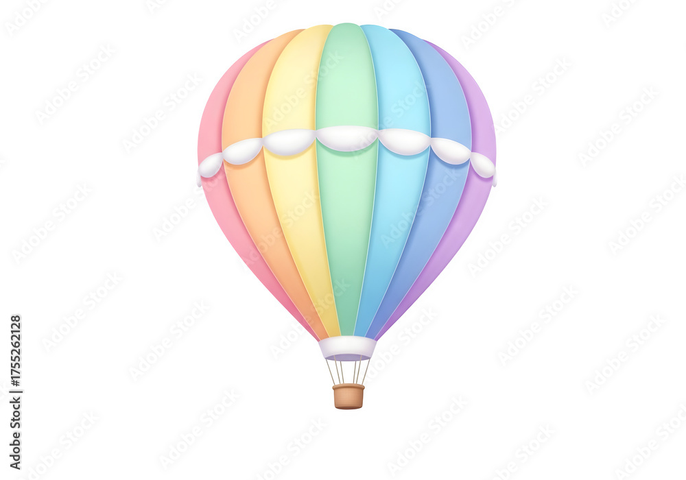 Fototapeta premium Whimsical rainbow hot air balloon floating gently against a clean white background