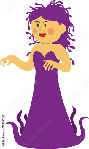 Stylized Pixel Art Depiction of Medusa in a Purple Gown with Tangled Purple Hair and a Friendly Expression on a Transparent Background