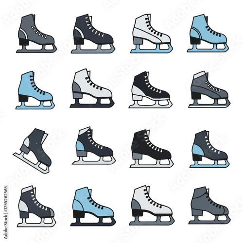 Ice skates arranged in a grid pattern on a white surface showcasing different colors and styles for winter sports and recreational activities.