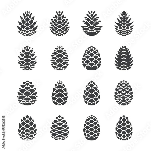 Pinecones arranged in a grid pattern showcase their unique textures and shapes against a white backdrop, creating a visually appealing and natural composition.