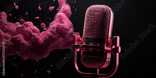 A dark pink microphone lies on a reflective surface amidst abstract pink, coral-like structures, creating a dramatic and artistic composition against a dark background