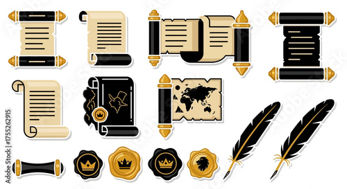 Collection of various parchment scrolls, maps, wax seals, and quill pens, all with a vintage aesthetic.