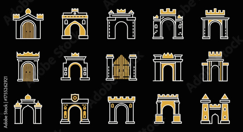 A collection of fifteen stylized icons depicting various medieval castle gates, arches, and entrances on a black background.