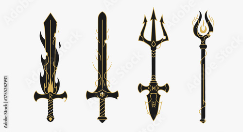 A collection of four ornate fantasy weapons, including two swords, a trident, and a staff, all rendered in black and gold.
