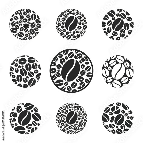 Coffee beans arranged in circular patterns representing different roasts and strengths on a white surface, creating a modern and minimalist aesthetic.