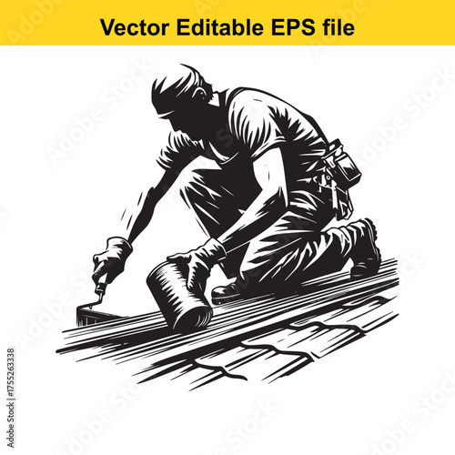 Vector art of roofer applying sealant to roof shingles while kneeling